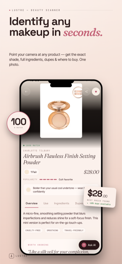 True Shade app scanning a Charlotte Tilbury setting powder and showing shade match, price and ingredients