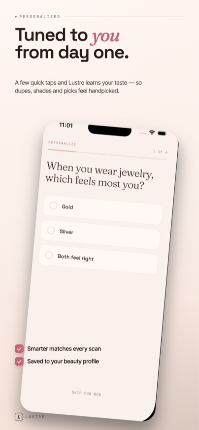 True Shade personalization quiz asking about jewelry preference